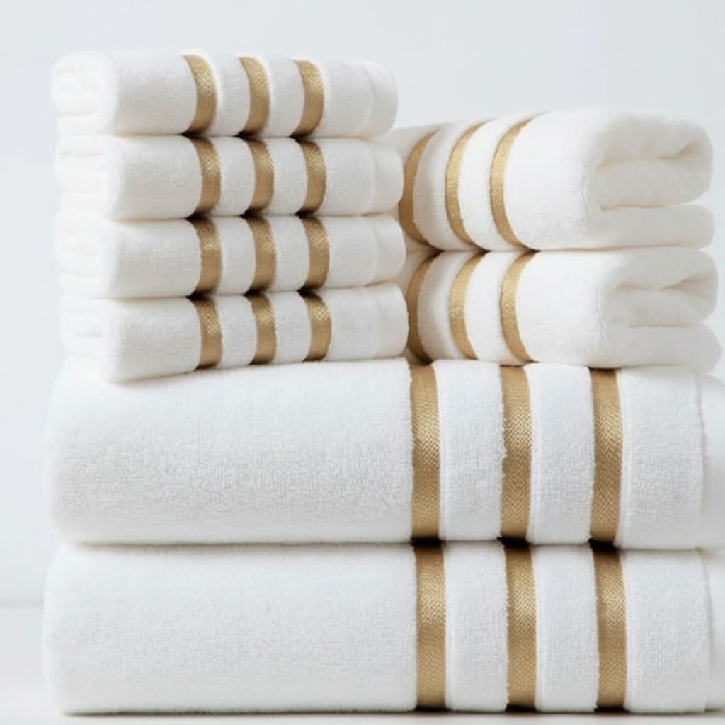 Bath Towel Set with Gold Stripes 8-Piece Cotton with Soft Plush Terry Cloth - Image 4