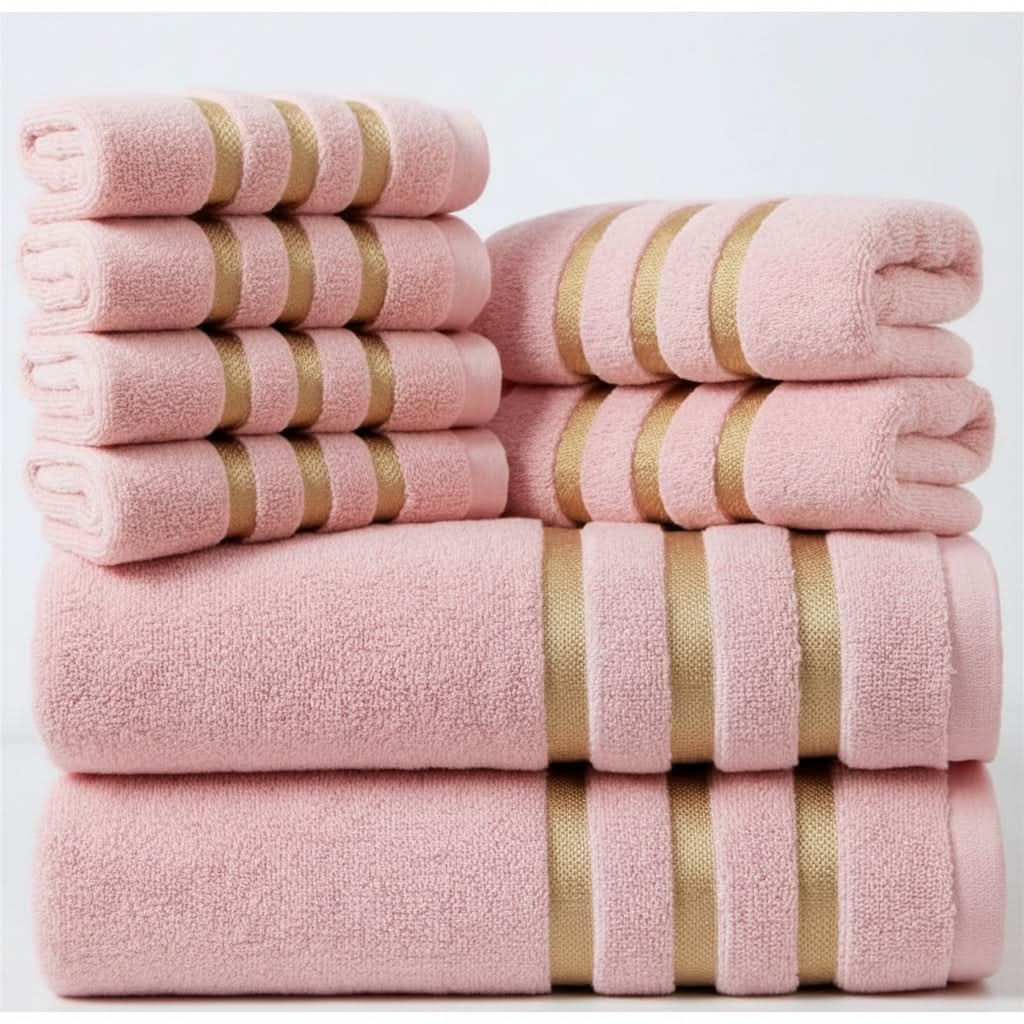 Bath Towel Set with Gold Stripes 8-Piece Cotton with Soft Plush Terry Cloth - Image 5