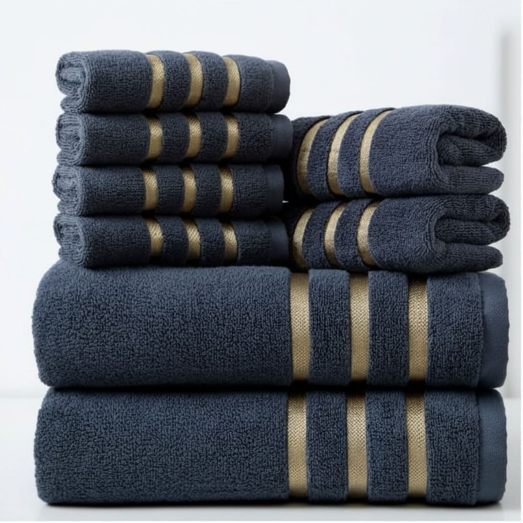 Bath Towel Set with Gold Stripes 8-Piece Cotton with Soft Plush Terry Cloth - Image 6