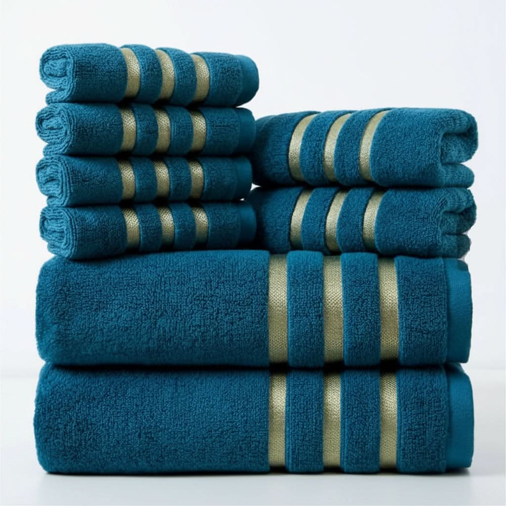 Bath Towel Set with Gold Stripes 8-Piece Cotton with Soft Plush Terry Cloth - Image 7