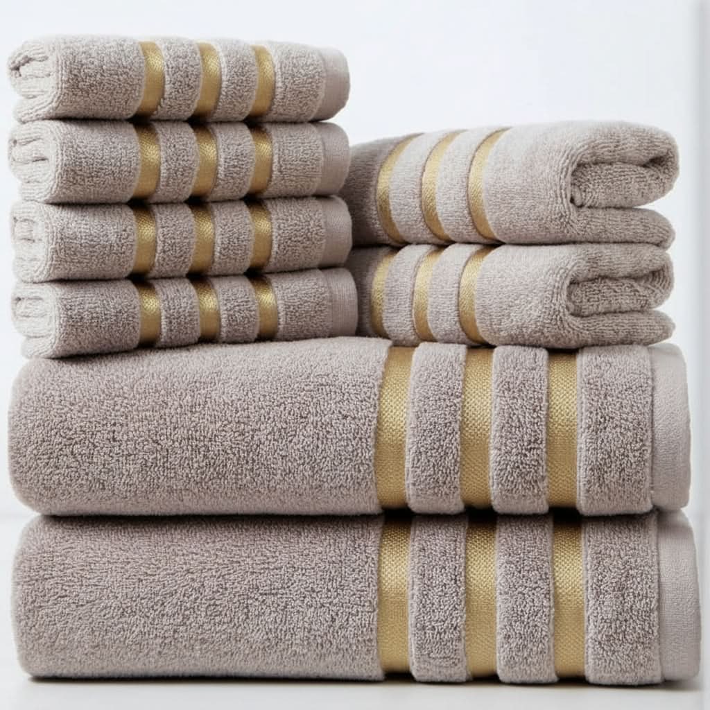 Bath Towel Set with Gold Stripes 8-Piece Cotton with Soft Plush Terry Cloth - Image 8