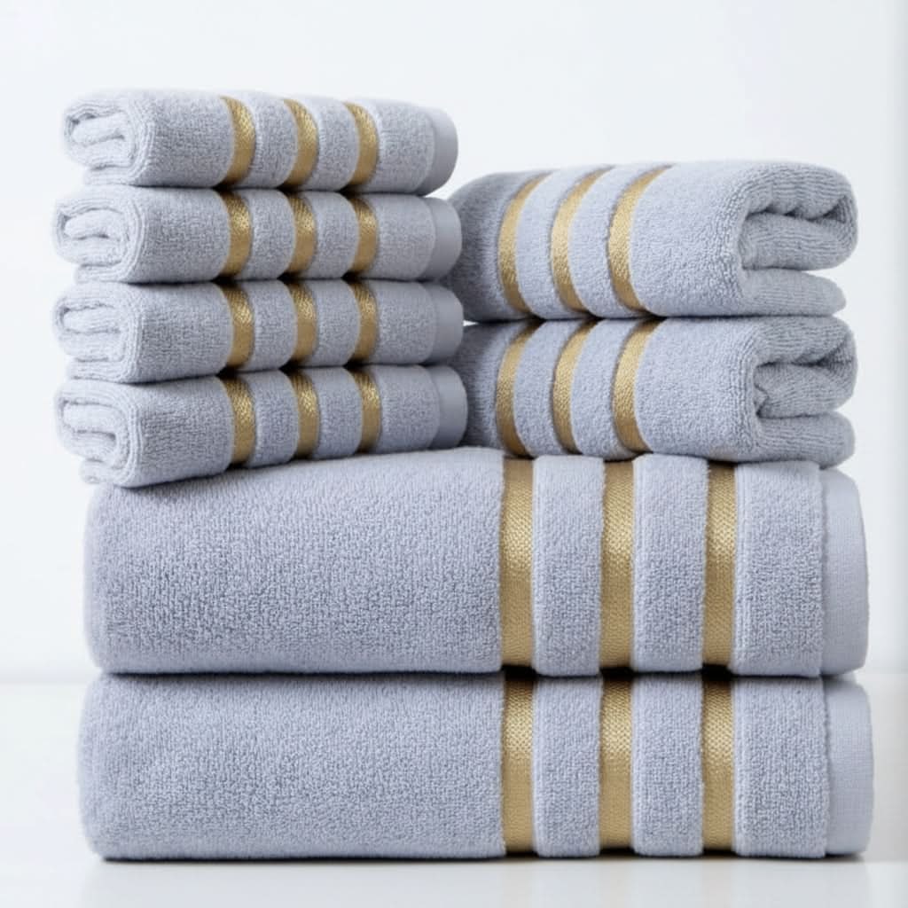 Bath Towel Set with Gold Stripes 8-Piece Cotton with Soft Plush Terry Cloth - Image 9