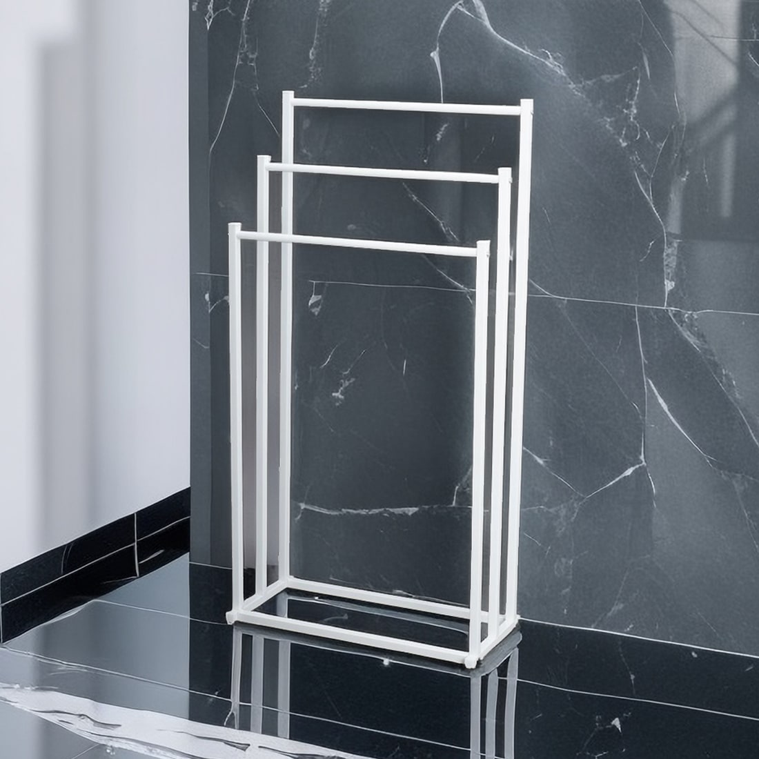Bathroom Towel Holder Freestanding Three-Tier Metal Rack Stand with Graduated Bars - Image 1