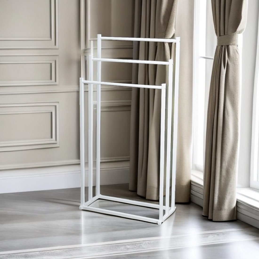 Bathroom Towel Holder Freestanding Three-Tier Metal Rack Stand with Graduated Bars - Image 3