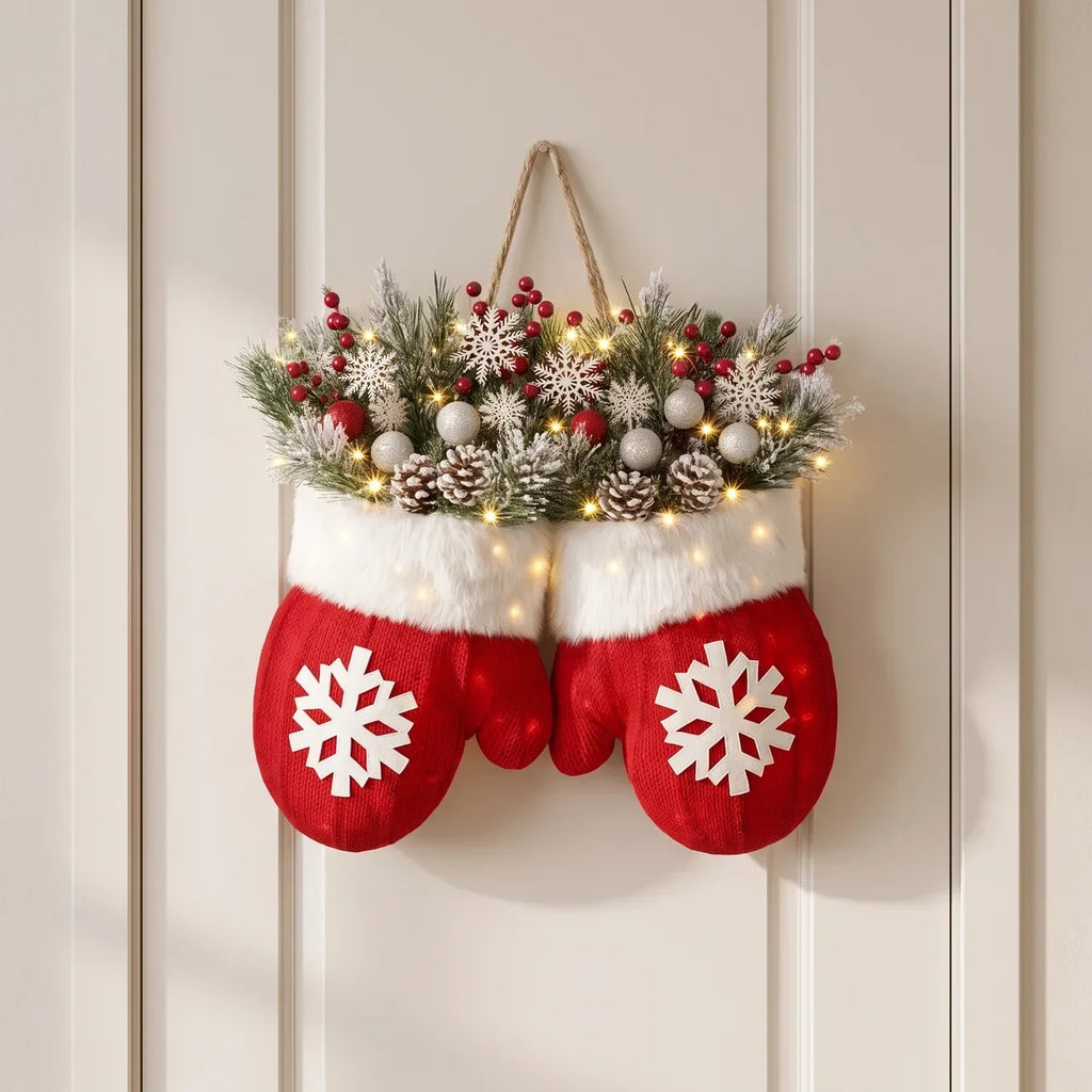 Battery Operated Christmas Light Door Hanger with LED Mitten Shape and Faux Greenery - Image 1