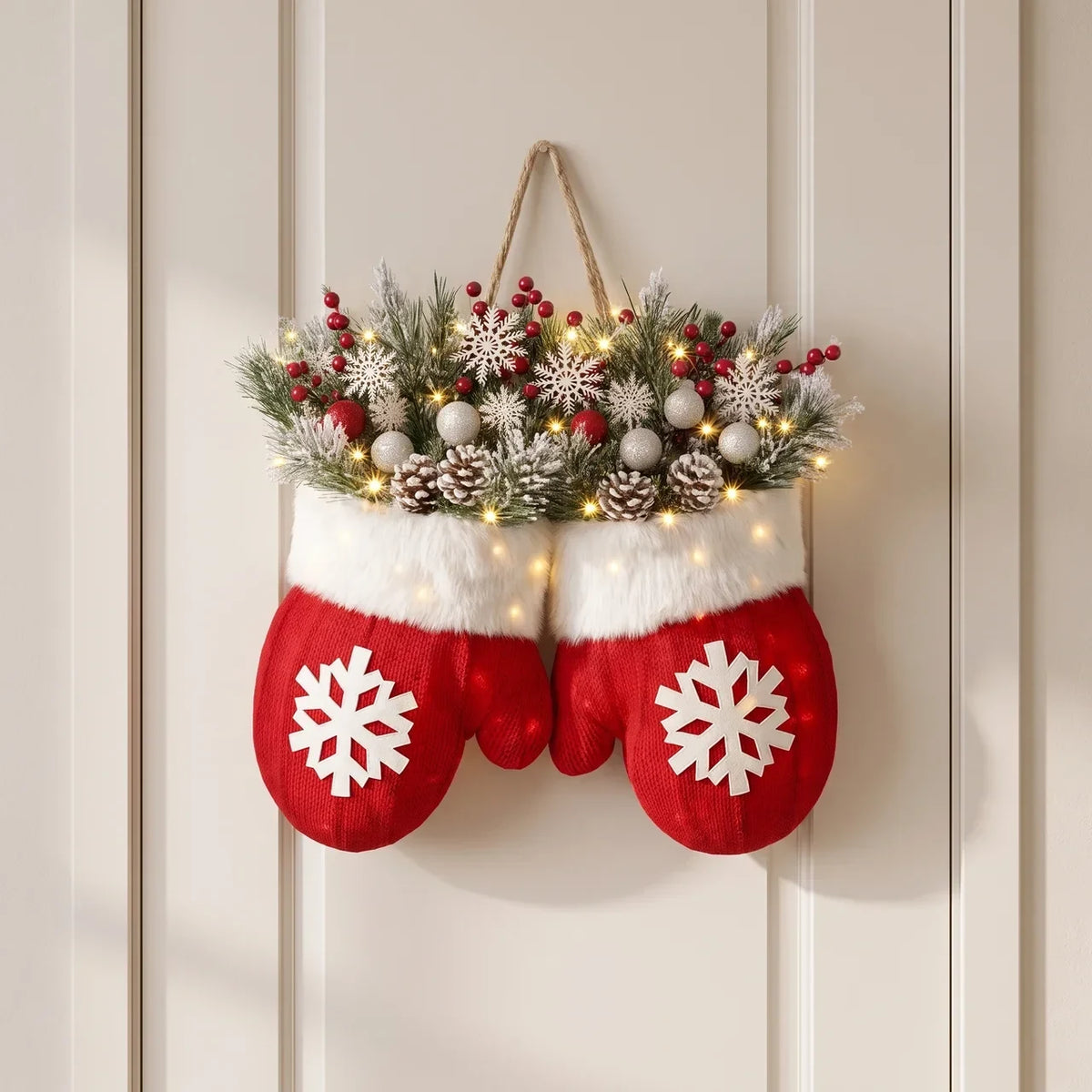 Battery Operated Christmas Light Door Hanger with LED Mitten Shape and Faux Greenery - Image 1