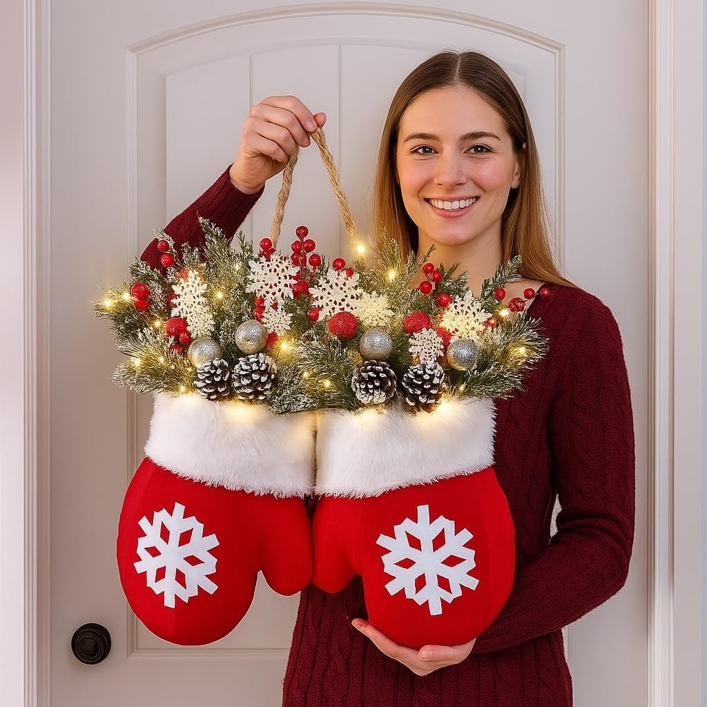 Battery Operated Christmas Light Door Hanger with LED Mitten Shape and Faux Greenery - Image 2