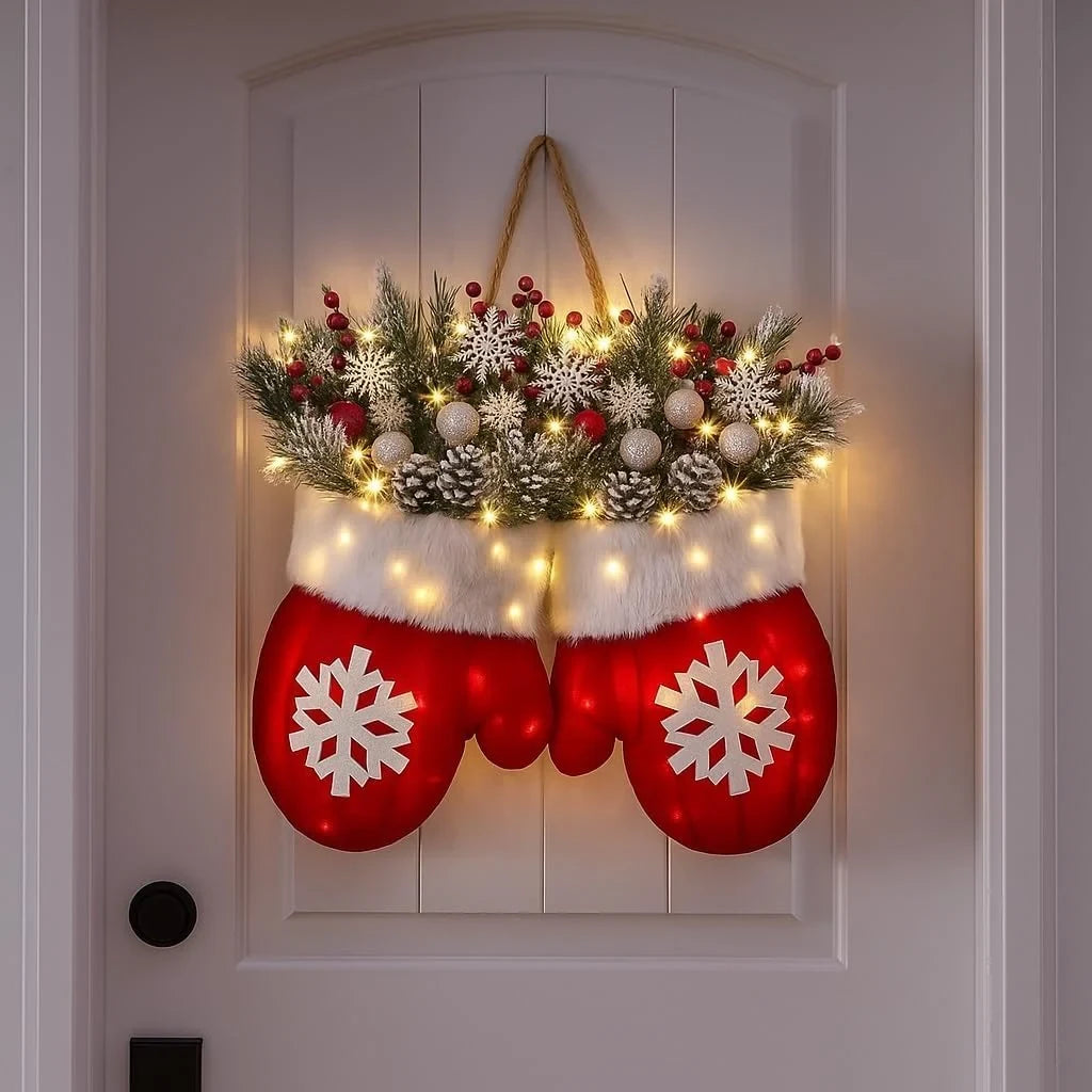 Battery Operated Christmas Light Door Hanger with LED Mitten Shape and Faux Greenery - Image 3