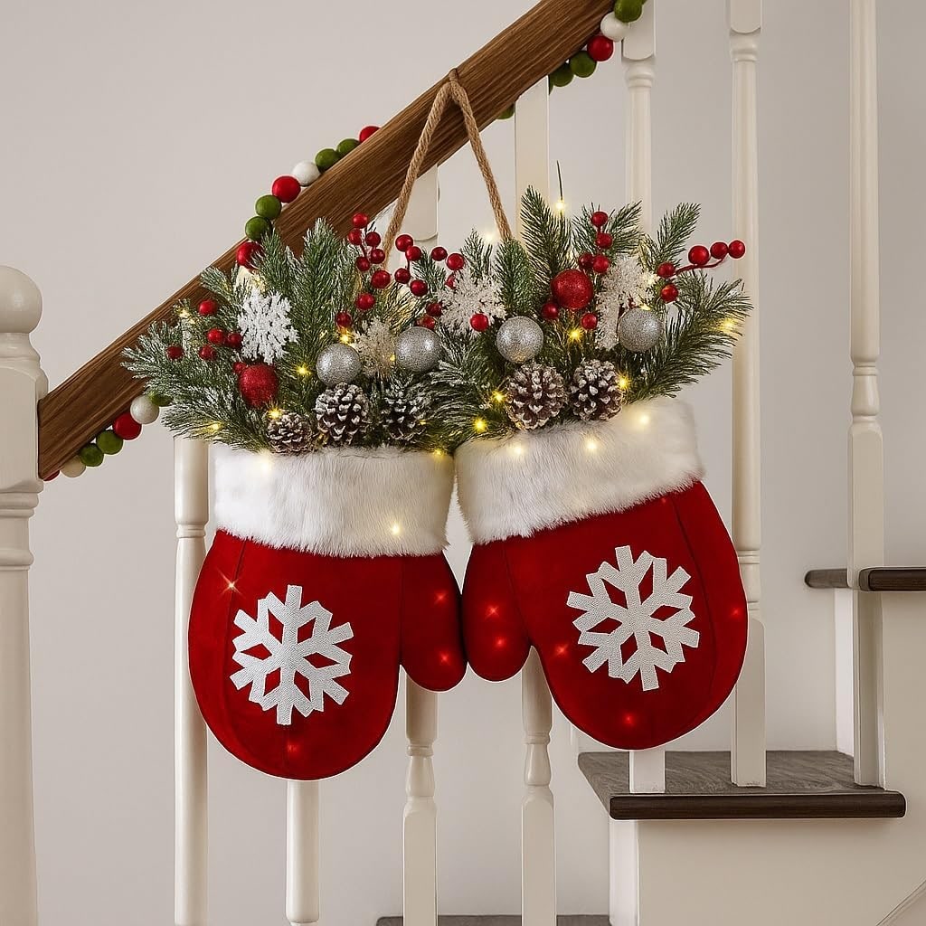 Battery Operated Christmas Light Door Hanger with LED Mitten Shape and Faux Greenery - Image 5