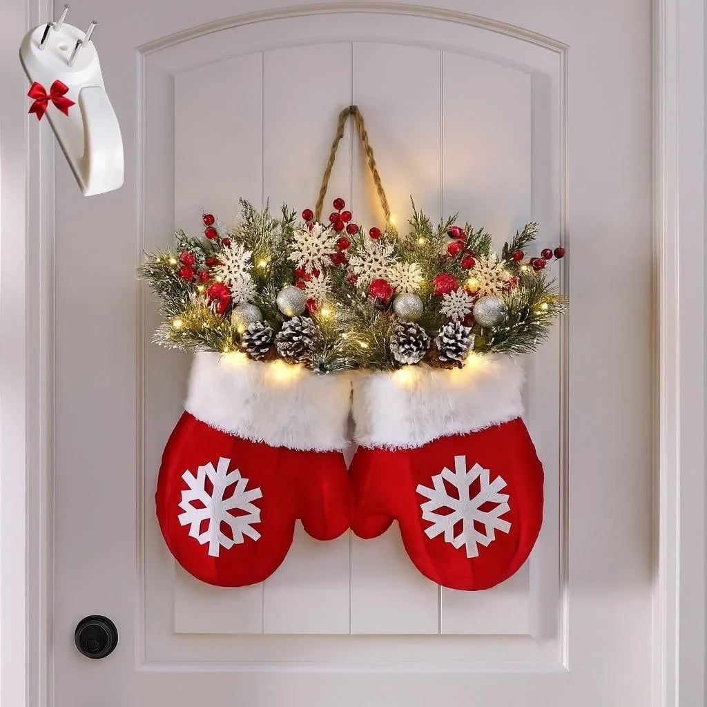 Battery Operated Christmas Light Door Hanger with LED Mitten Shape and Faux Greenery - Image 6