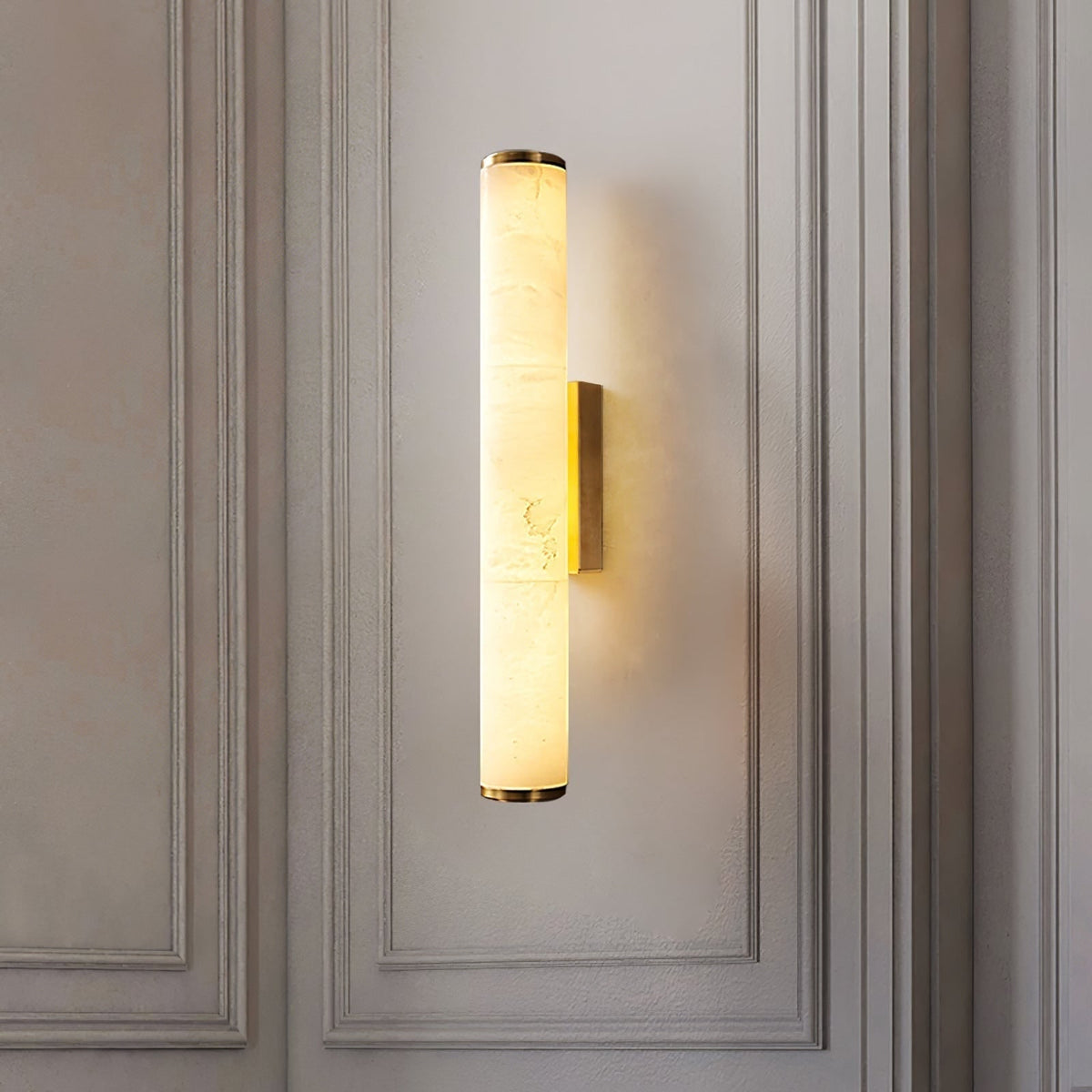Battery Powered Wall Sconce with Translucent Marbled Alabaster Cylinder Shade - Image 5