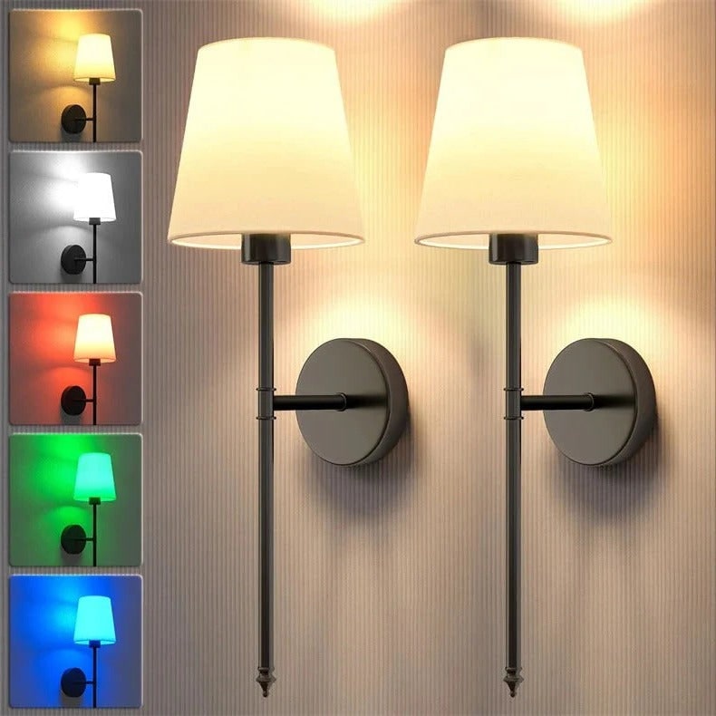 Battery Powered Wall Sconces Wireless Operated Fabric Shade Color Changing LED Cordless Lights - Image 1