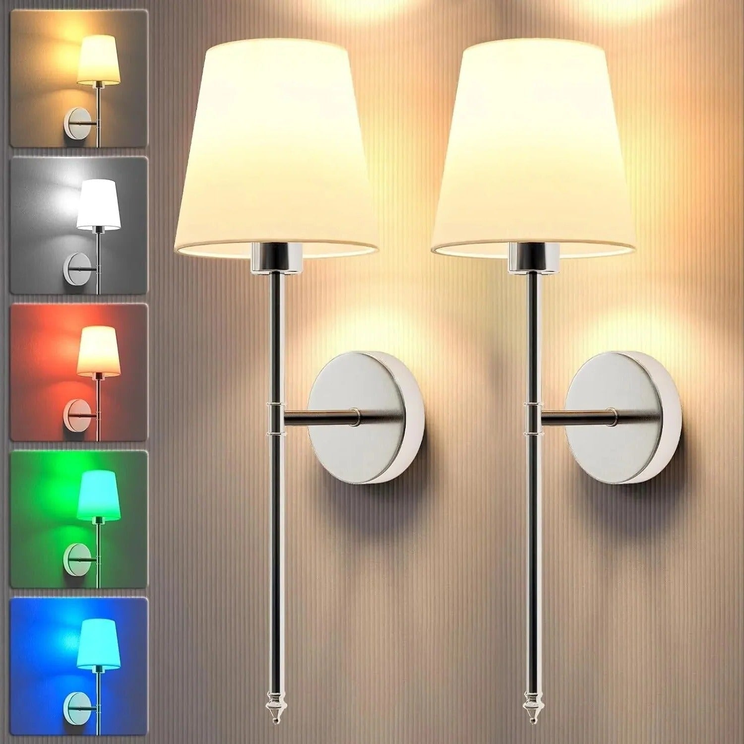 Battery Powered Wall Sconces Wireless Operated Fabric Shade Color Changing LED Cordless Lights - Image 2