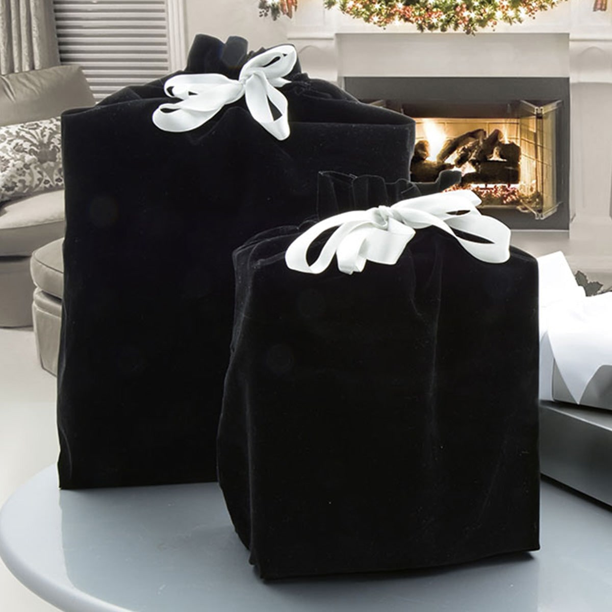 Black Gift Bag Reusable Drawstring Velvet Satin Ribbon Portable Storage Fabric - Image 1