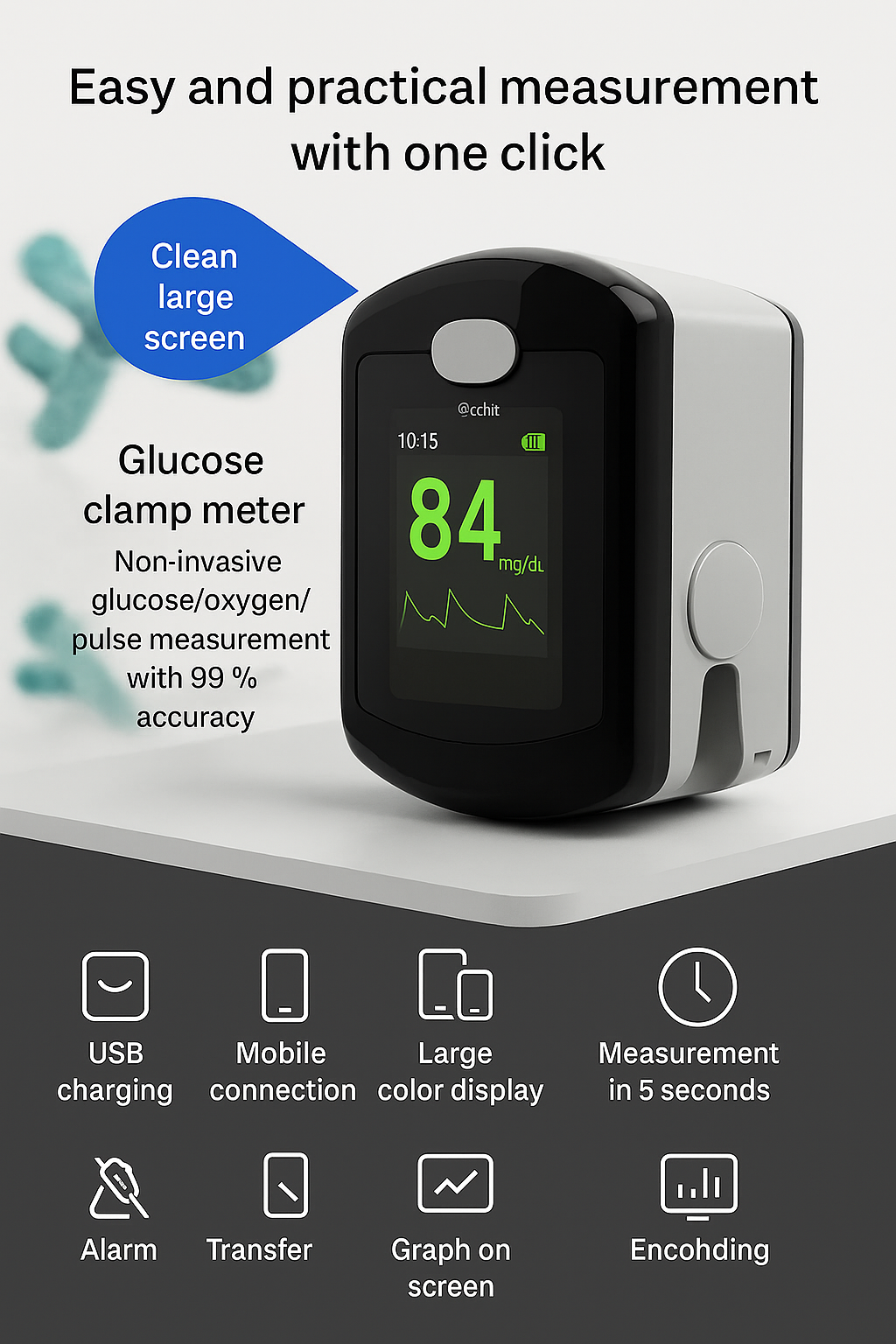 Blood Glucose Monitor Glucometer Non Invasive Fingertip Portable Digital Screen - Image 9