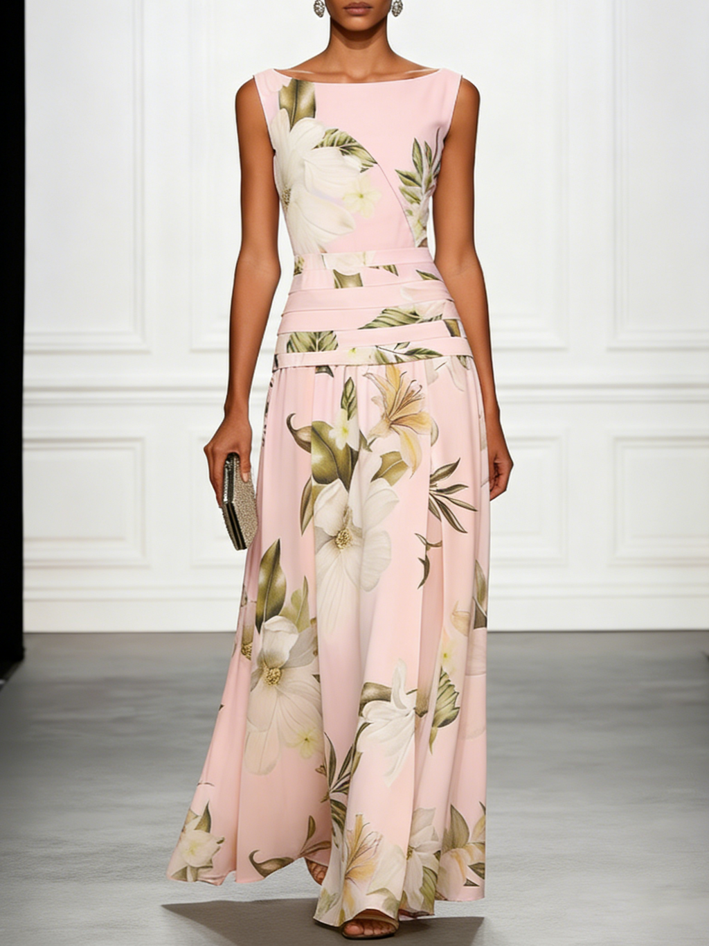 Boat Neck Floral Print Sleeveless Maxi Dress — fit overview