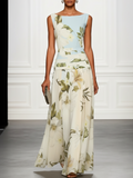 Boat Neck Floral Print Sleeveless Maxi Dress