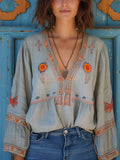 Bohemian Embroidered V-Neck Summer Blouse