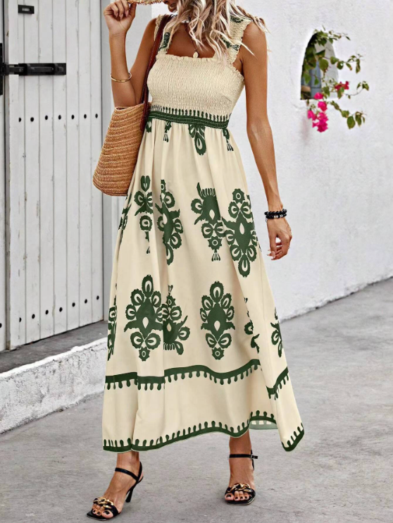 Bohemian Floral Print Long Maxi Dress for Vacation Days — back view
