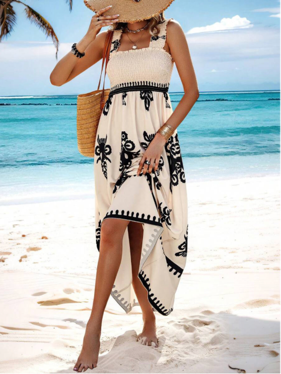 Bohemian Floral Print Long Maxi Dress for Vacation Days — fabric detail