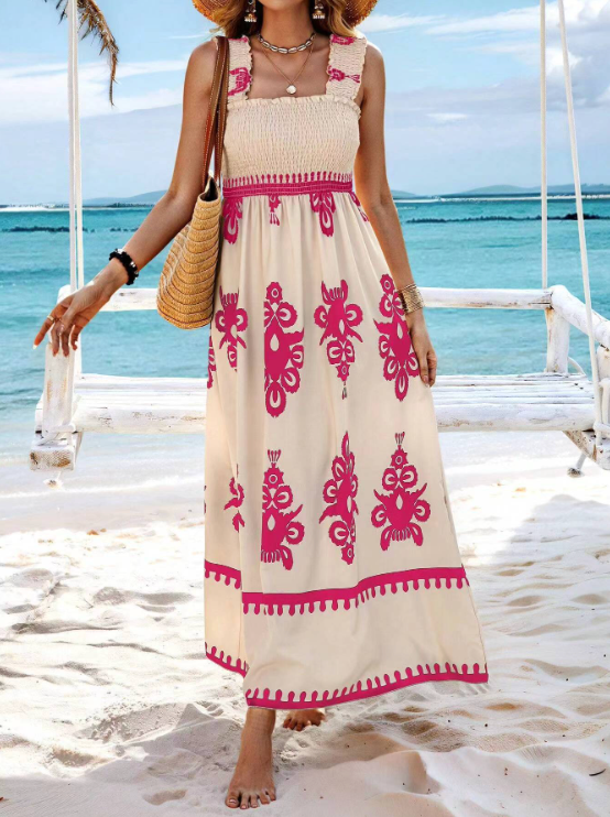 Bohemian Floral Print Long Maxi Dress for Vacation Days — fit overview