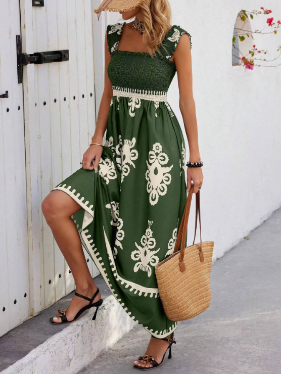 Bohemian Floral Print Long Maxi Dress for Vacation Days — styling detail