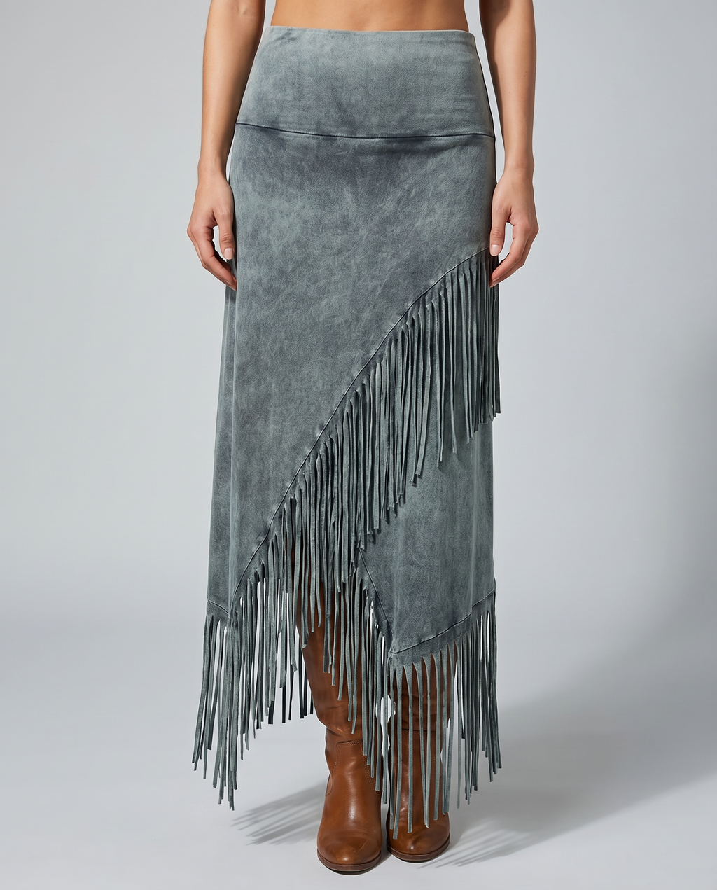 Bohemian Gray Fringe Maxi Skirt with Elastic Waist — side view
