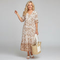 Boho Floral Block Print Tiered Midi Dress — back view