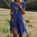 Boho Floral Print Knee-Length Summer Dress with Short Sleeves and Collar — side view