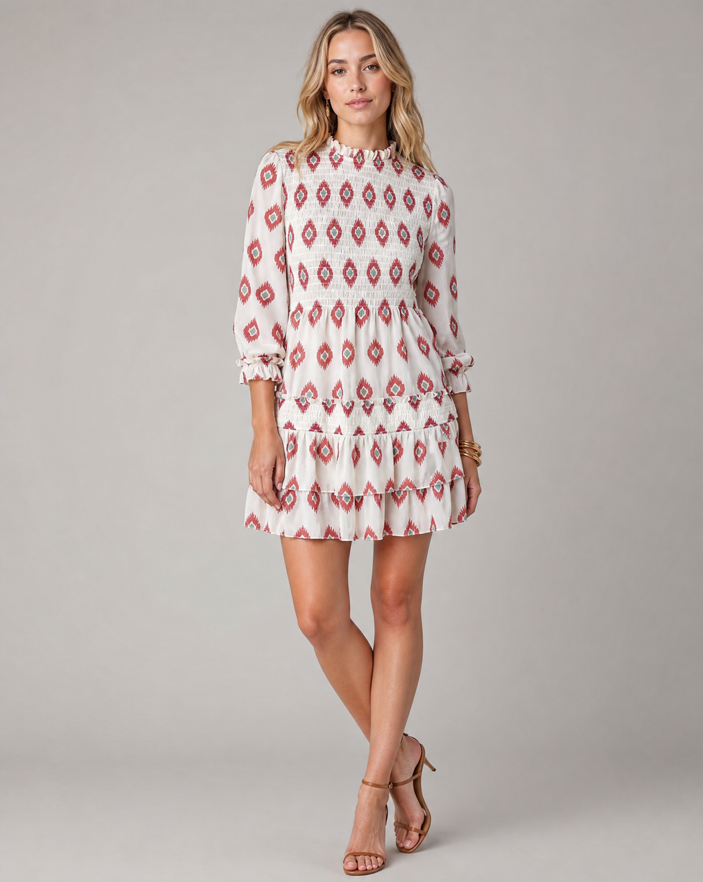 Boho Ikat Print Smocked Tiered Ruffle Short Dress with Half Sleeves — side view