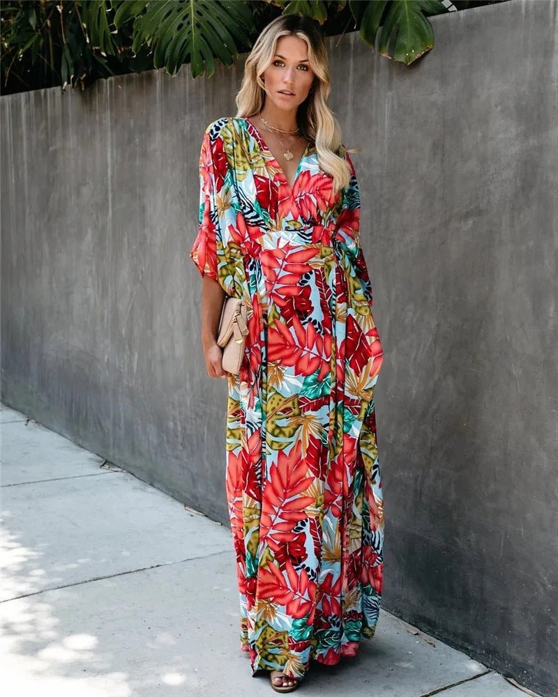 Boho Tropical Print Wrap Long Dress with Kimono Sleeves and V-Neckline — back view
