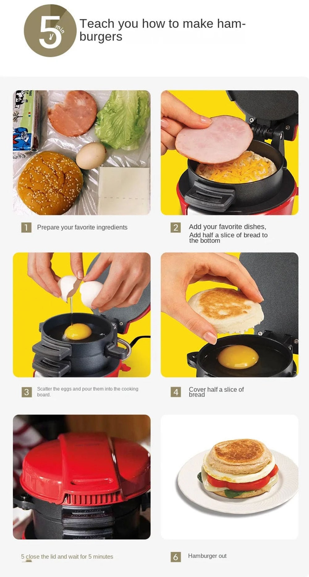 Breakfast Sandwich Maker and Machine with Non-Stick Plates for Eggs and Cheese Sandwiches - Image 3