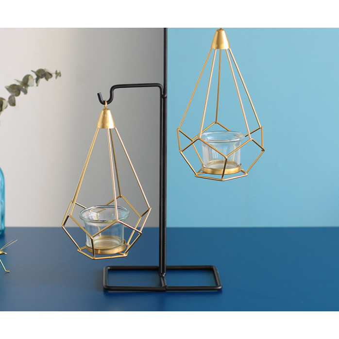 Candle Holder Wall Mounted Sconce with Geometric Gold Metal Frame and T Light Tealight Cup - Image 1