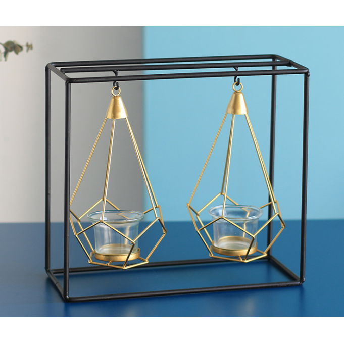 Candle Holder Wall Mounted Sconce with Geometric Gold Metal Frame and T Light Tealight Cup - Image 3