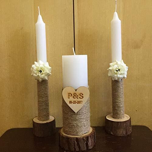 Candles and Holders Set with Taper and Pillar for Rustic Wooden Unity with Jute Twine - Image 1