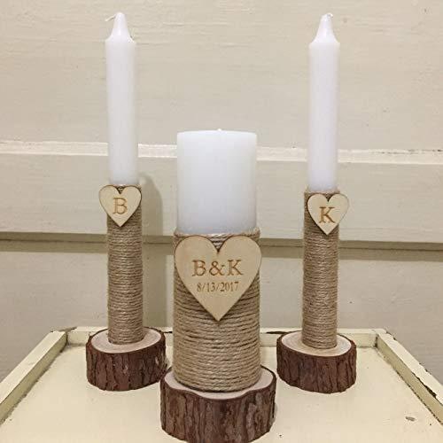 Candles and Holders Set with Taper and Pillar for Rustic Wooden Unity with Jute Twine - Image 2