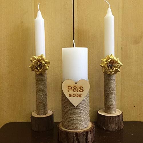 Candles and Holders Set with Taper and Pillar for Rustic Wooden Unity with Jute Twine - Image 3