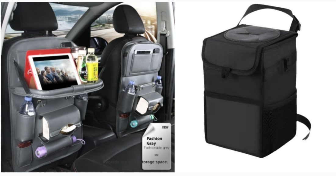 Car Seat Organizer with Fold-Down Tray Faux Leather Back with Tablet Holder and Trash Bin - Image 1