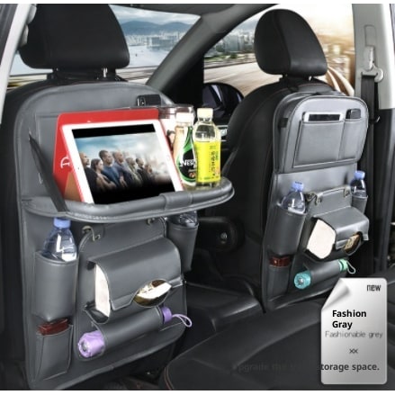 Car Seat Organizer with Fold-Down Tray Faux Leather Back with Tablet Holder and Trash Bin - Image 12