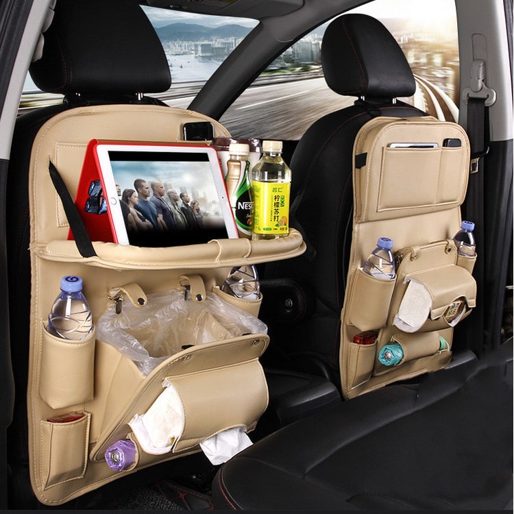 Car Seat Organizer with Fold-Down Tray Faux Leather Back with Tablet Holder and Trash Bin - Image 14