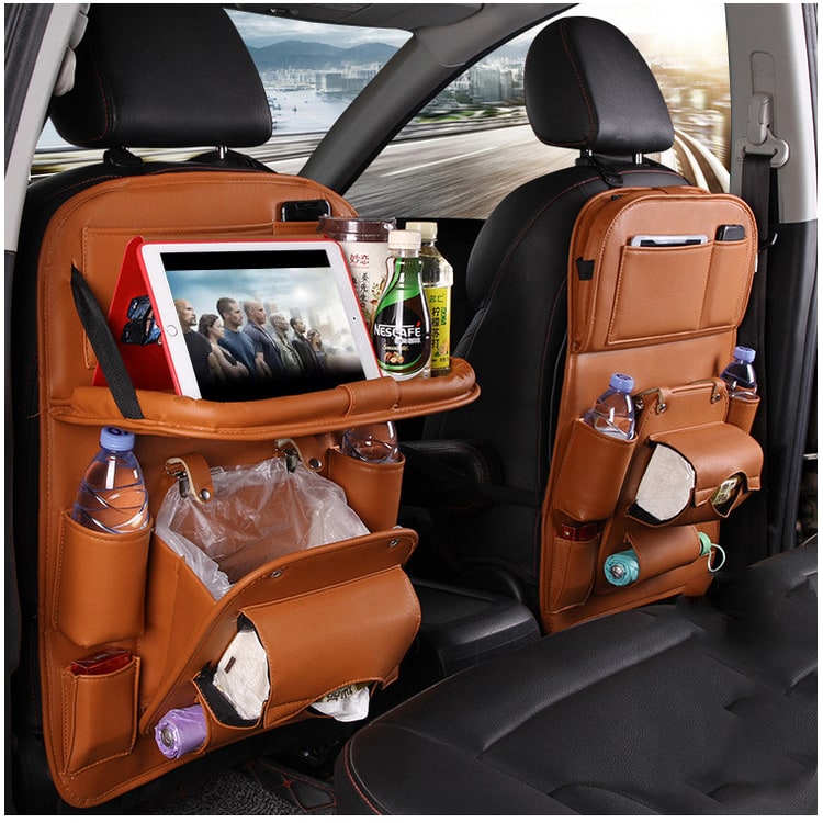 Car Seat Organizer with Fold-Down Tray Faux Leather Back with Tablet Holder and Trash Bin - Image 17