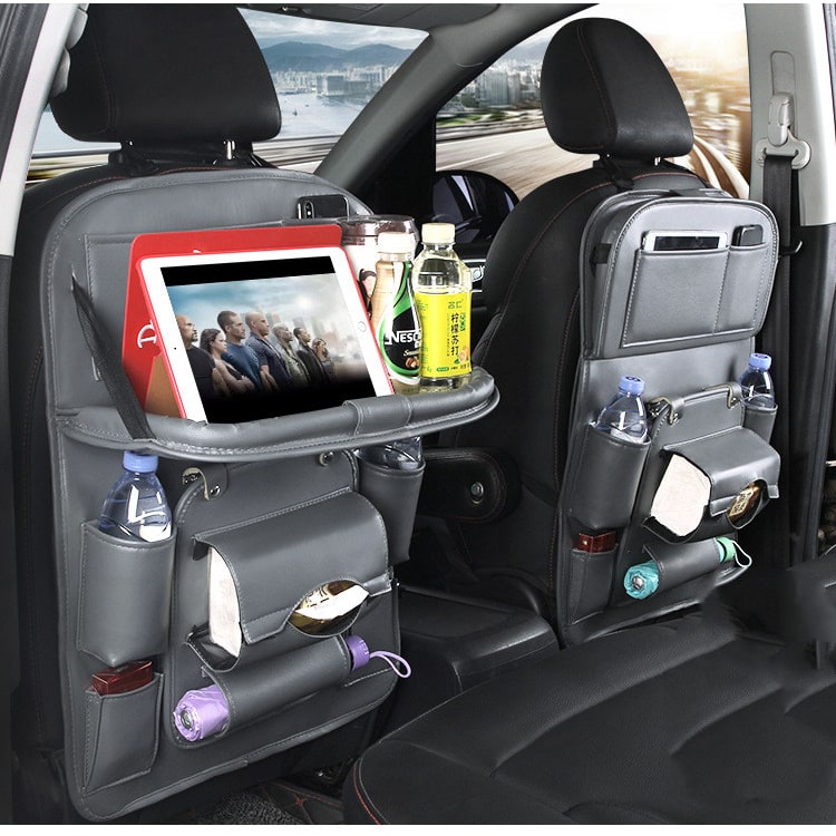 Car Seat Organizer with Fold-Down Tray Faux Leather Back with Tablet Holder and Trash Bin - Image 21