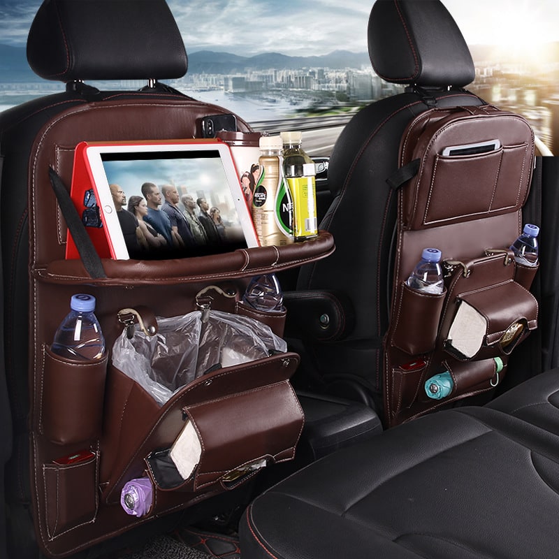 Car Seat Organizer with Fold-Down Tray Faux Leather Back with Tablet Holder and Trash Bin - Image 25