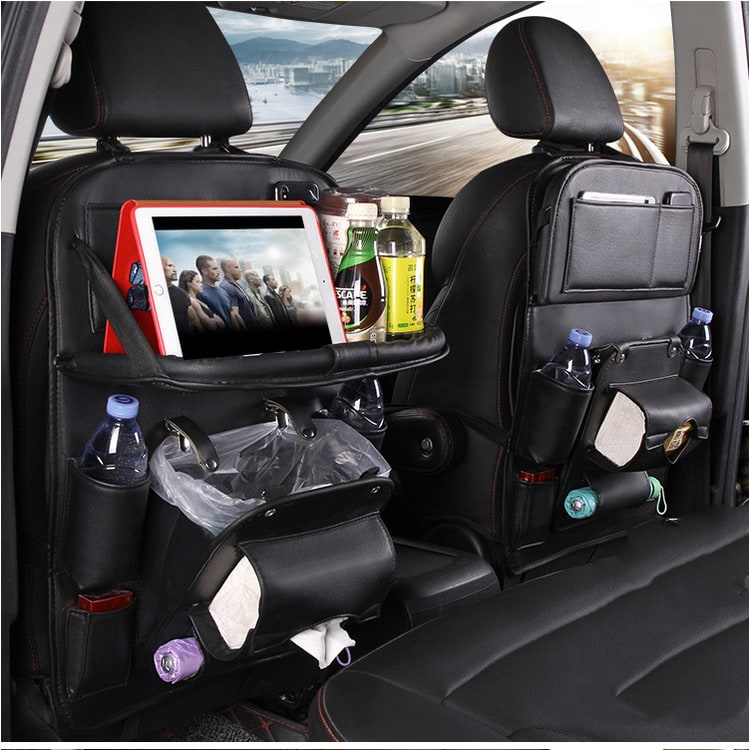 Car Seat Organizer with Fold-Down Tray Faux Leather Back with Tablet Holder and Trash Bin - Image 26
