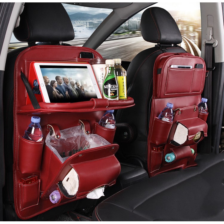Car Seat Organizer with Fold-Down Tray Faux Leather Back with Tablet Holder and Trash Bin - Image 28