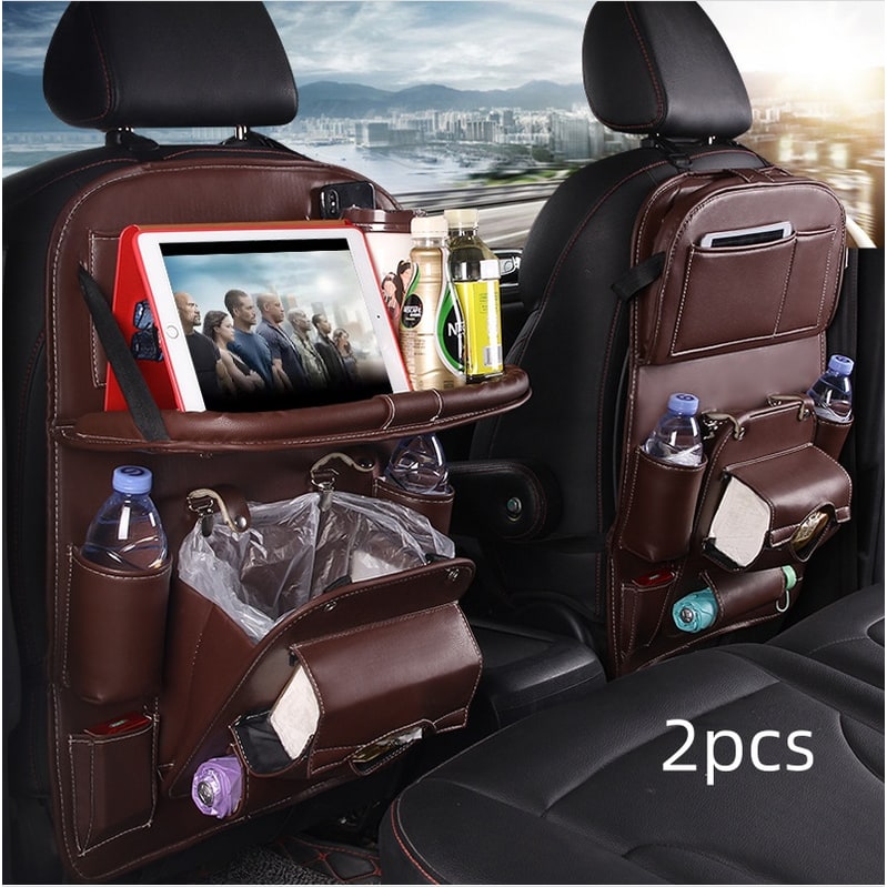 Car Seat Organizer with Fold-Down Tray Faux Leather Back with Tablet Holder and Trash Bin - Image 4