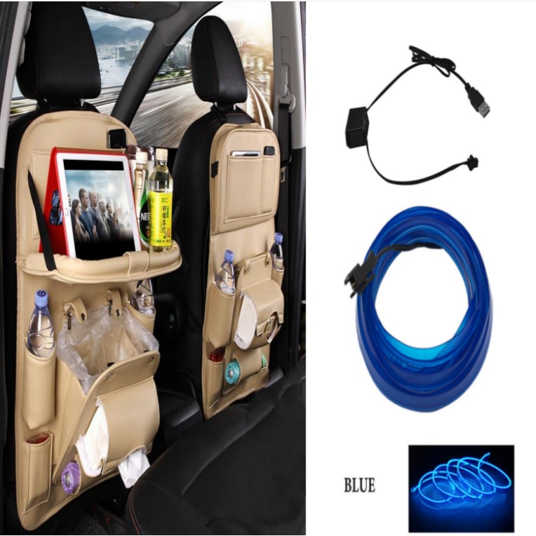 Car Seat Organizer with Fold-Down Tray Faux Leather Back with Tablet Holder and Trash Bin - Image 5
