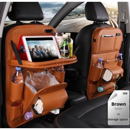 Car Seat Organizer with Fold-Down Tray Faux Leather Back with Tablet Holder and Trash Bin - Image 6