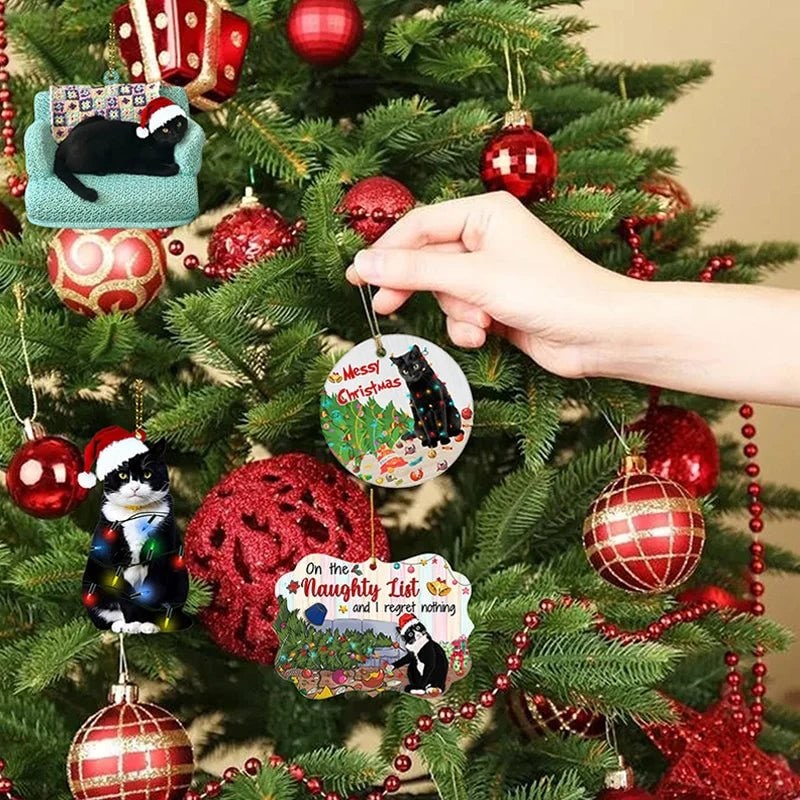 Cat Christmas Ornament with Black Design and Acrylic Disc Pendant for Tree Decoration - Image 1