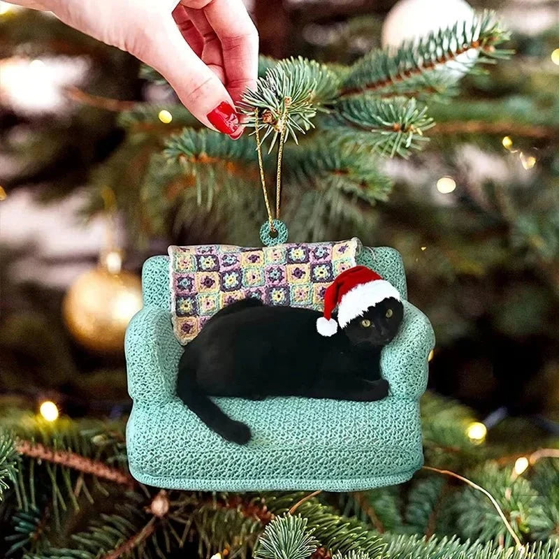 Cat Christmas Ornament with Black Design and Acrylic Disc Pendant for Tree Decoration - Image 3